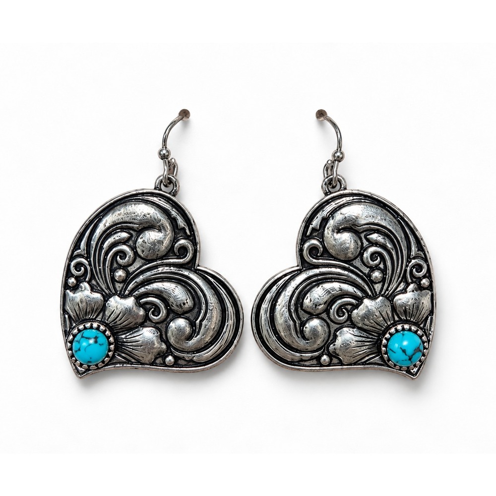 Western Heart Dangle Earrings Turquoise Silver Concho Cowgirl Southwestern